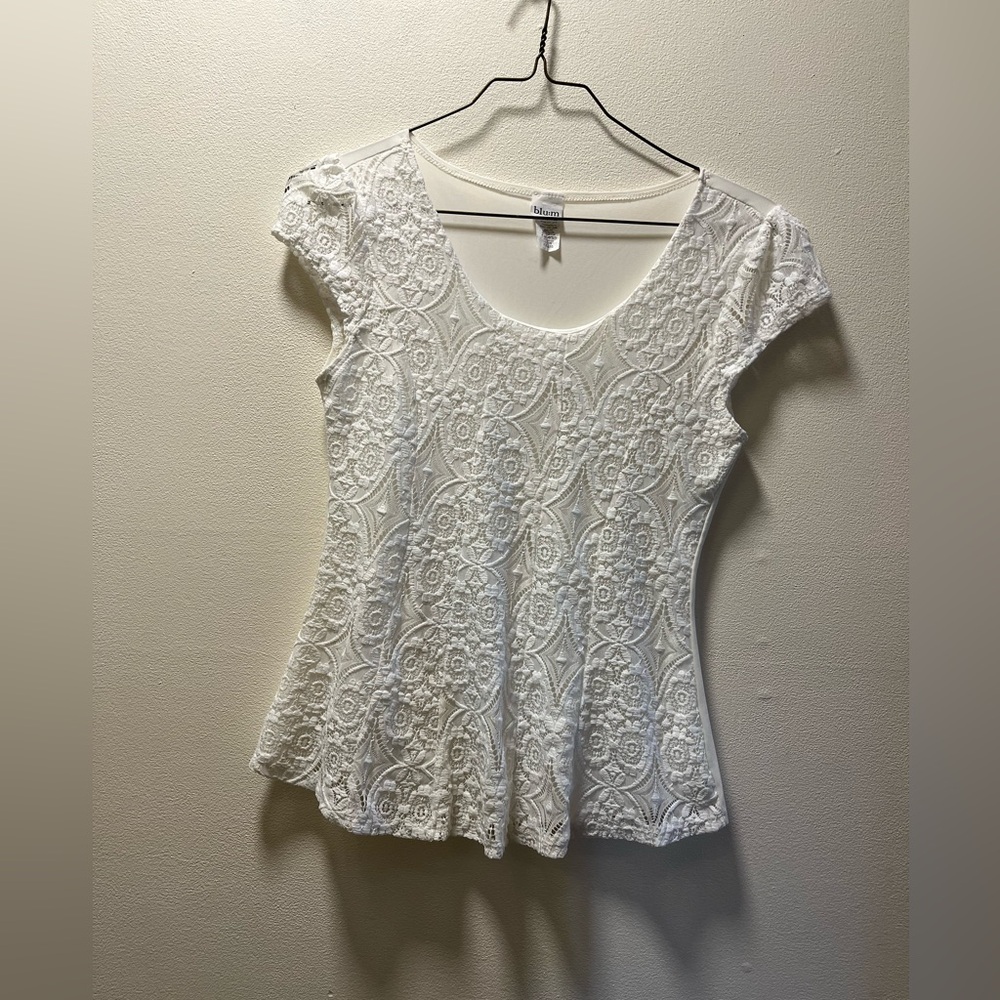 Blu:M Lacy Feminine Beachy Cottagecore Boho Cap-Sleeve Shirt, Sz XXL, White